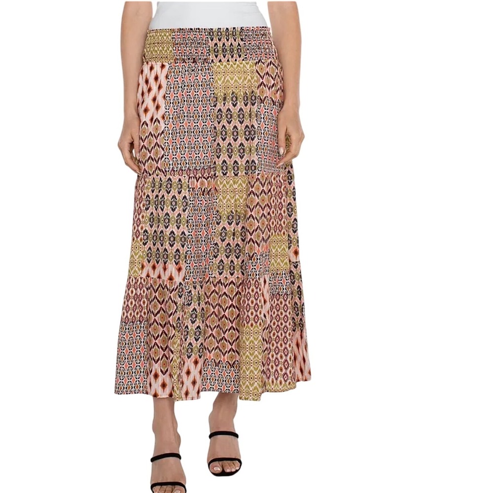 Liverpool Los Angeles Geo Patchwork Smocked Tiered Cotton Maxi Skirt XS